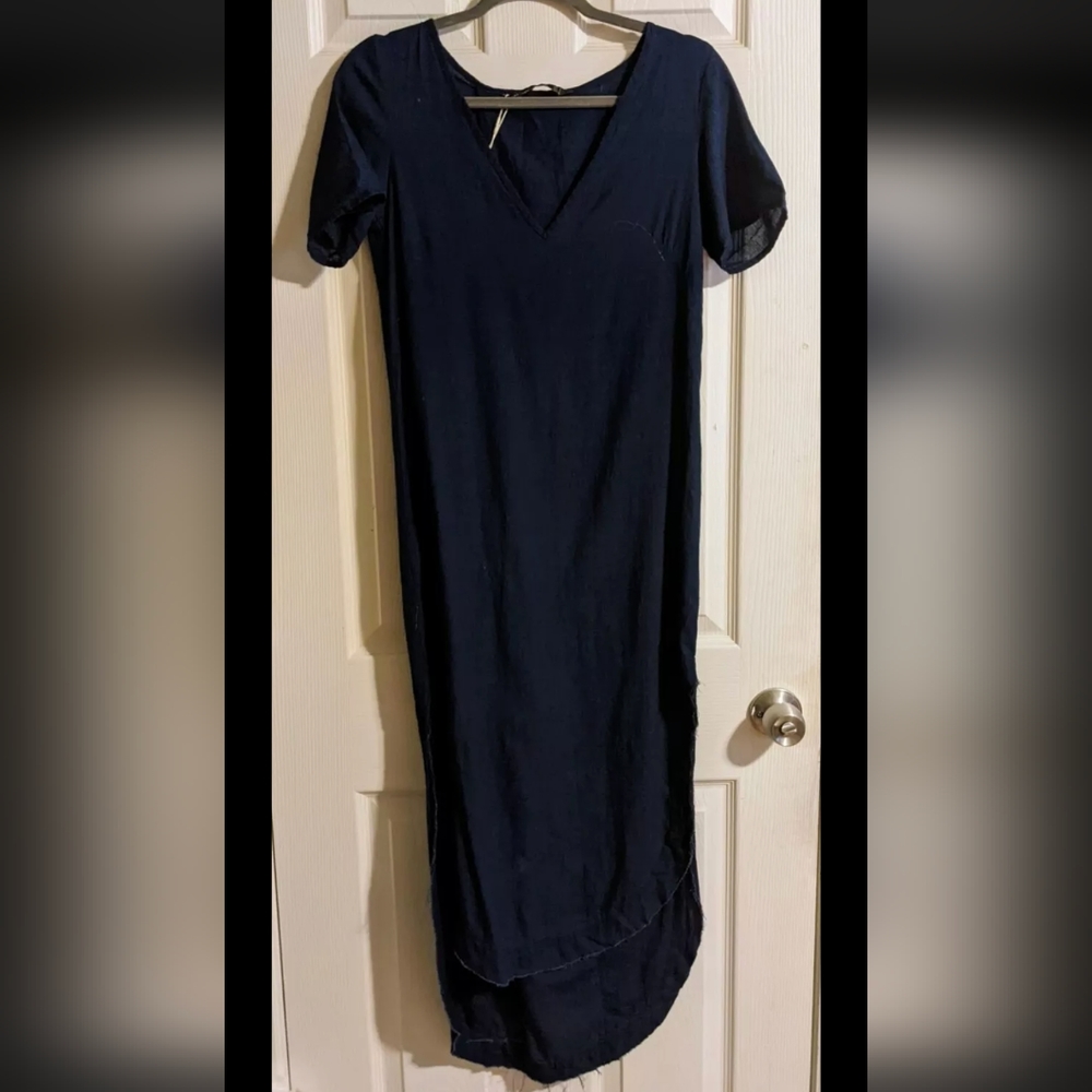 Zara Maxi Dress S Short Sleeve V-Neck Lightweight Chambray Denim-Like Shift